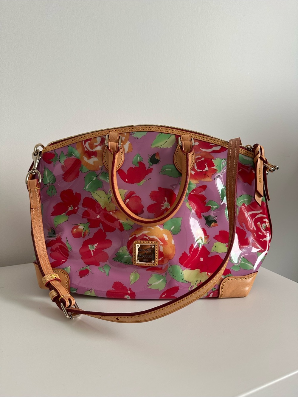 Dooney & Bourke Pink Floral Patent Leather Satchel with Vachetta Trim